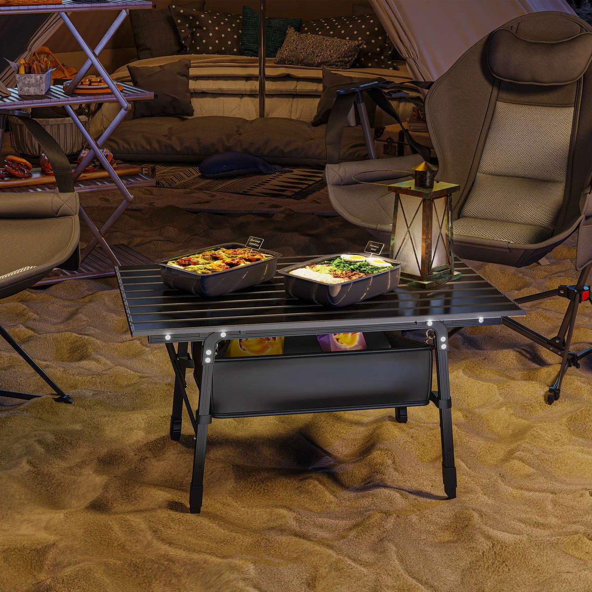 Camping Table, Folding Picnic Table with Storage Basket, Carry Bag, Height Adjustable Folding Table, for Garden Parties, Camping, Barbecue, Aluminum Black