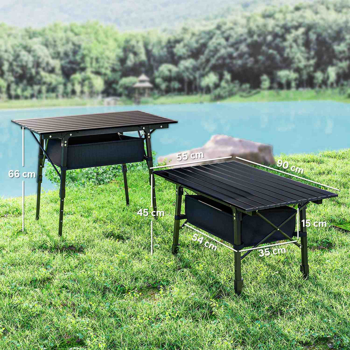 Camping Table, Folding Picnic Table with Storage Basket, Carry Bag, Height Adjustable Folding Table, for Garden Parties, Camping, Barbecue, Aluminum Black