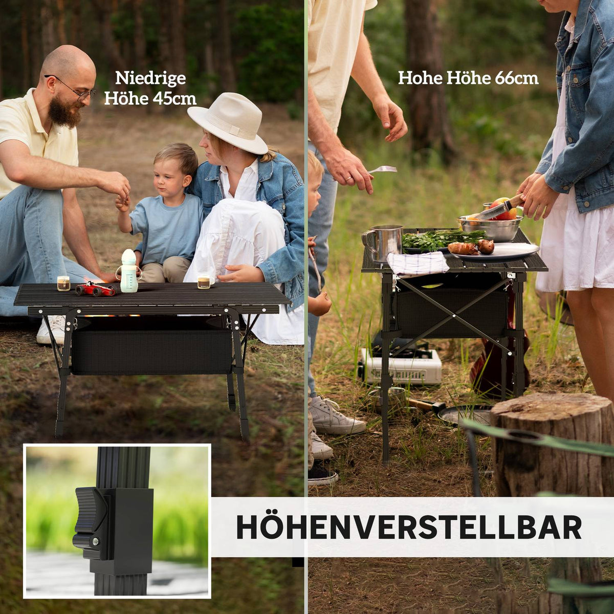 Camping Table, Folding Picnic Table with Storage Basket, Carry Bag, Height Adjustable Folding Table, for Garden Parties, Camping, Barbecue, Aluminum Black