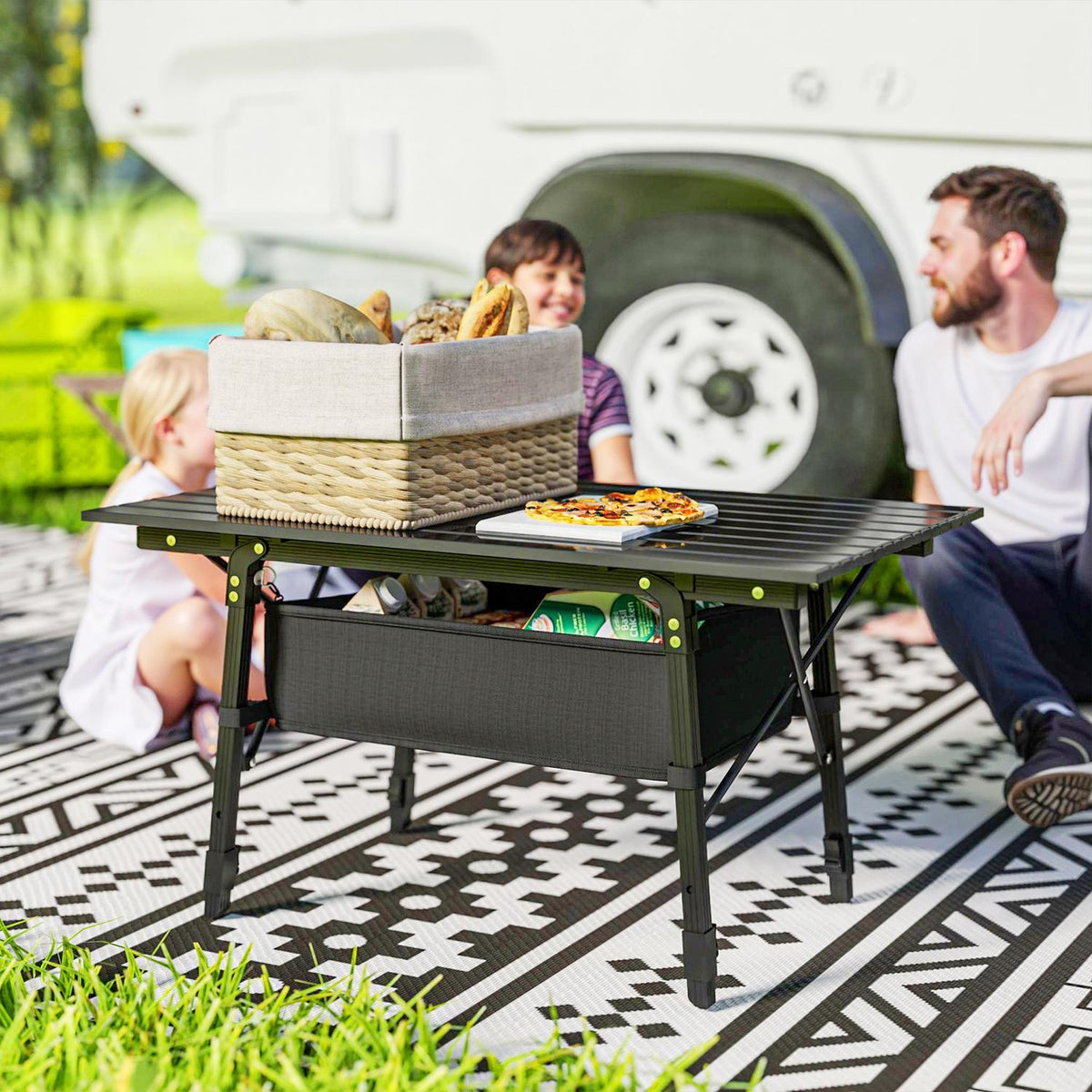 Camping Table, Folding Picnic Table with Storage Basket, Carry Bag, Height Adjustable Folding Table, for Garden Parties, Camping, Barbecue, Aluminum Black