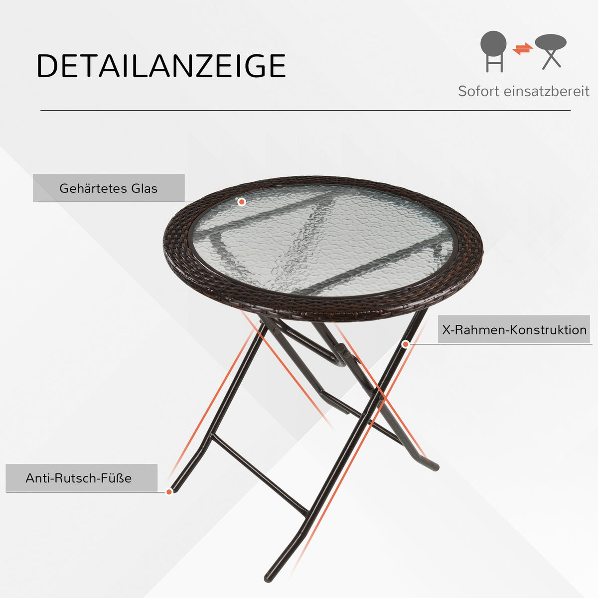 Camping Table Folding Table Round Rattan Decor Steel Brown Ø68Cm