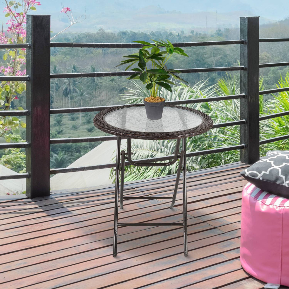 Camping Table Folding Table Round Rattan Decor Steel Brown Ø68Cm