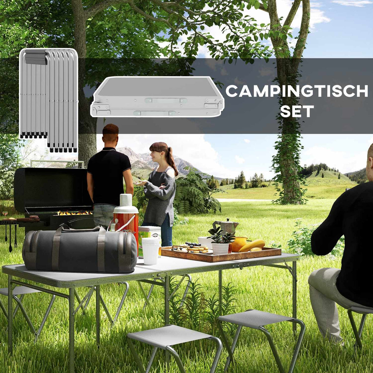 Camping Table Set, Folding Camping Table With 6 Chairs, Weatherproof Camping Seating Set, For Picnic, Garden, Aluminum, Gray