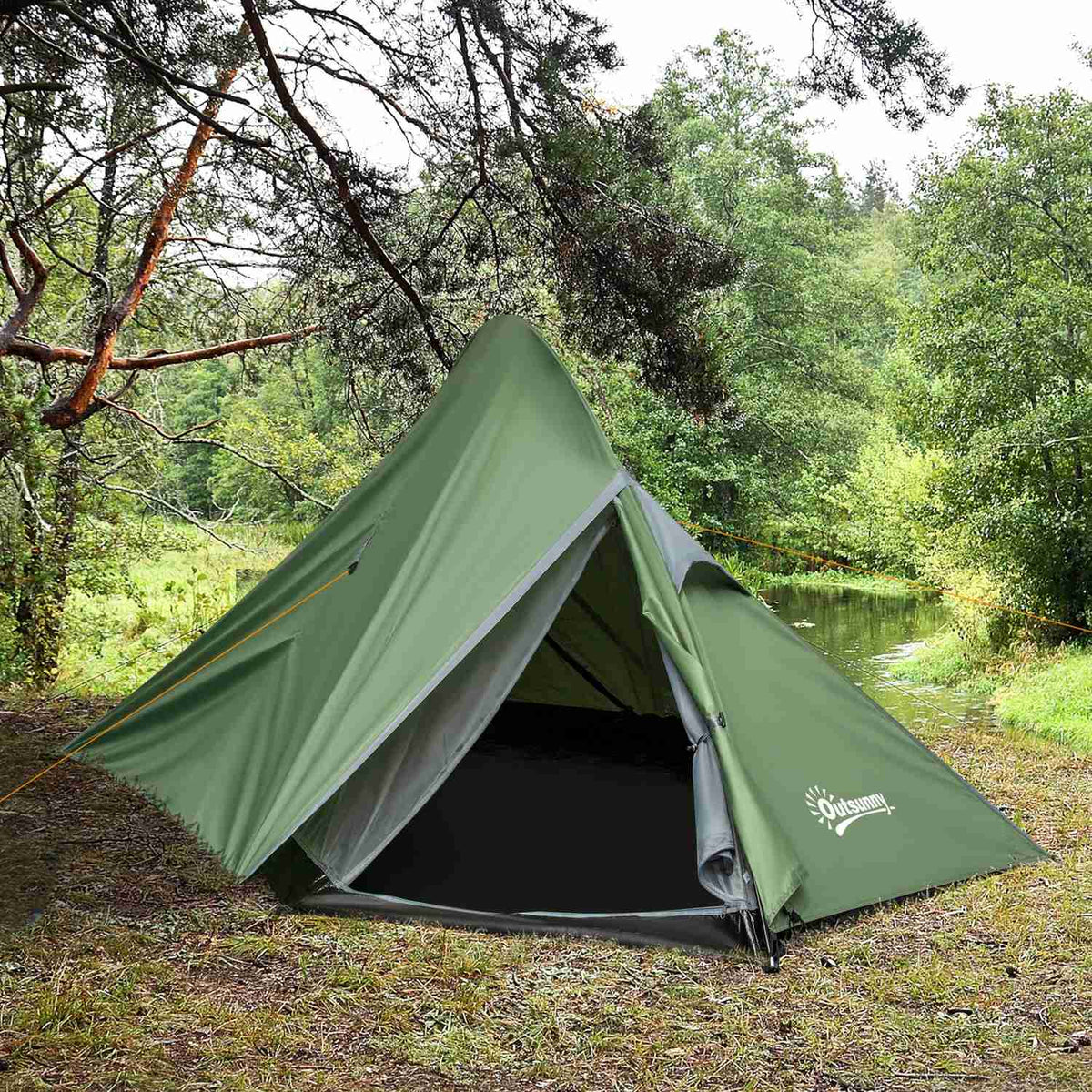 Camping Tent 2 Person Fiberglass Polyester Dark Green 345X150X112Cm Pegs