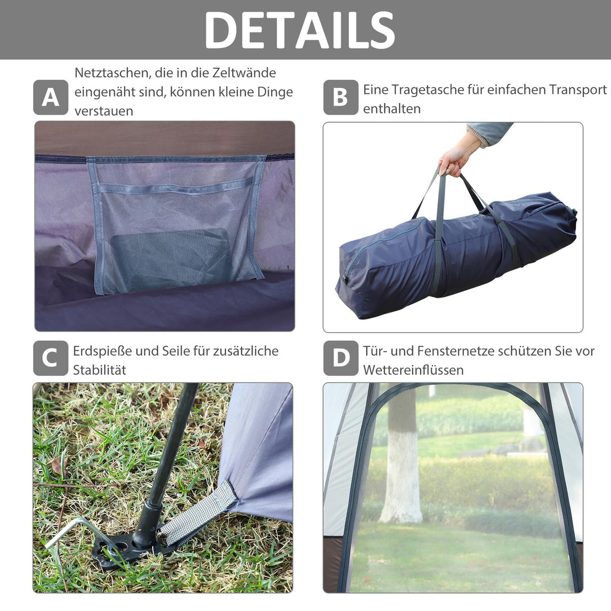 Camping Tent 3-4 Person Tent Family Tent Dome Tent 210T Pu 3000Mm Easy Setup Steel Fiberglass Gray+Black 240 X 240 X 195 Cm