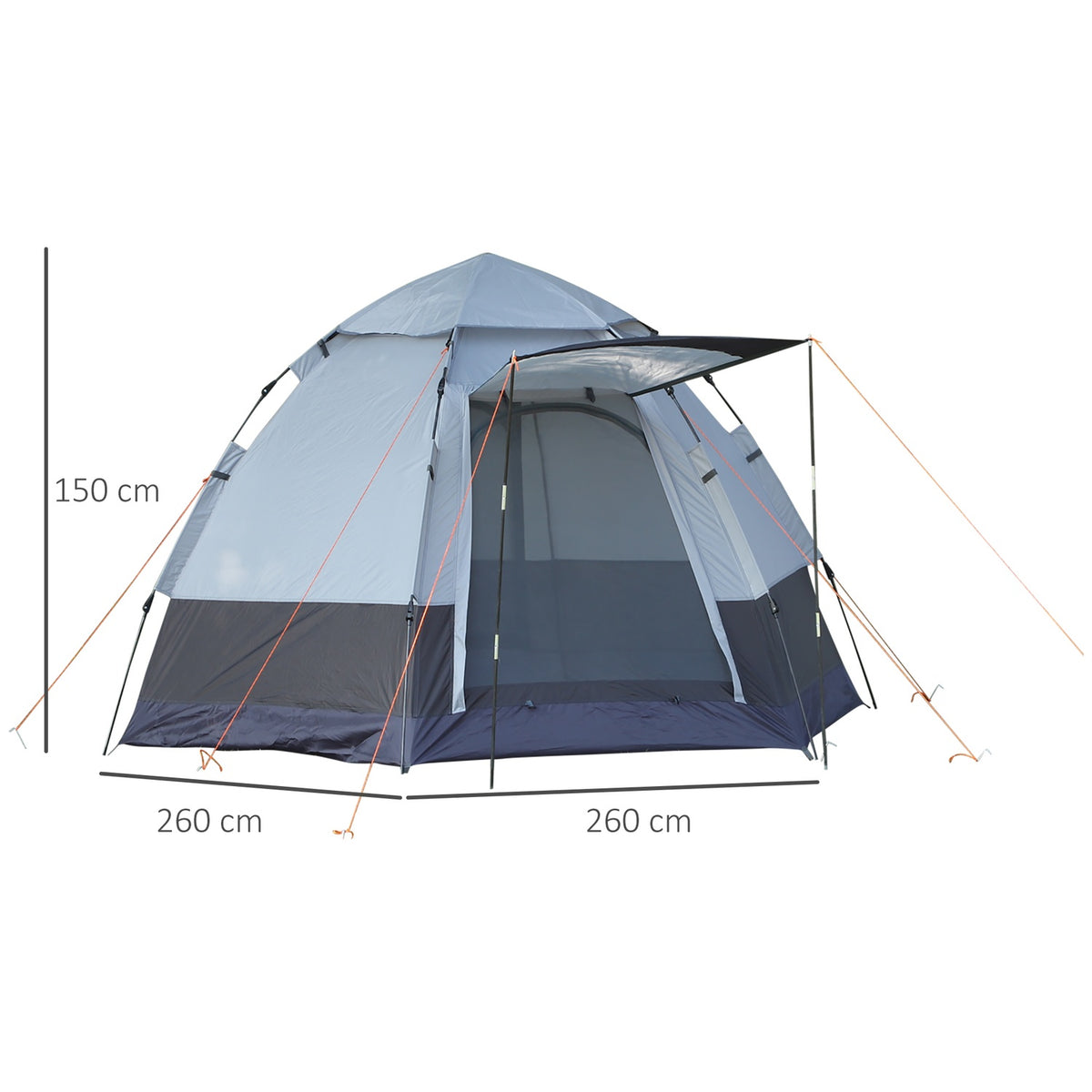 Camping Tent 3-4 Person Tent Family Tent Dome Tent 210T Pu 3000Mm Easy Setup Steel Fiberglass Gray+Black 240 X 240 X 195 Cm
