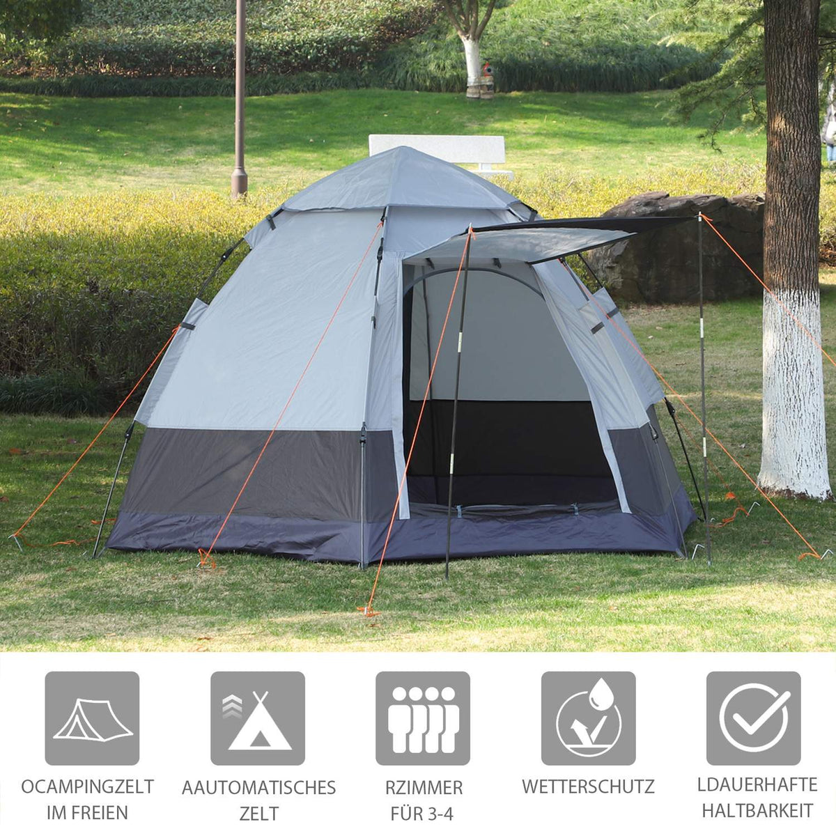 Camping Tent 3-4 Person Tent Family Tent Dome Tent 210T Pu 3000Mm Easy Setup Steel Fiberglass Gray+Black 240 X 240 X 195 Cm