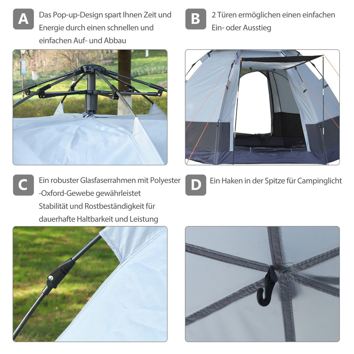 Camping Tent 3-4 Person Tent Family Tent Dome Tent 210T Pu 3000Mm Easy Setup Steel Fiberglass Gray+Black 240 X 240 X 195 Cm