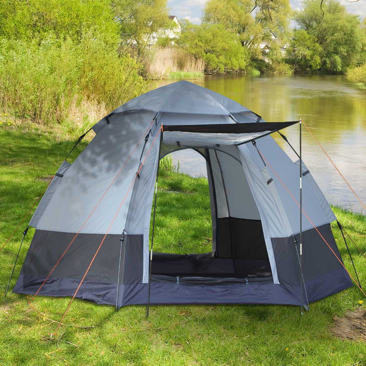 Camping Tent 3-4 Person Tent Family Tent Dome Tent 210T Pu 3000Mm Easy Setup Steel Fiberglass Gray+Black 240 X 240 X 195 Cm