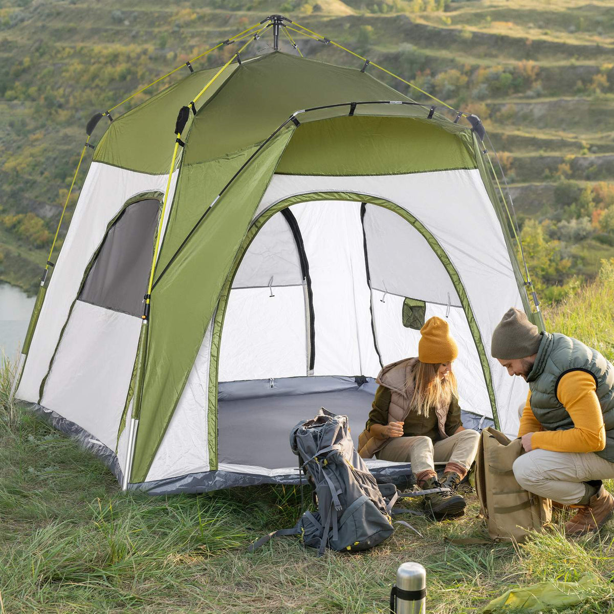 Camping Tent 4 Person Tent Family Tent With Window 190Tpu1000Mm Easy Setup Aluminum Alloy Fiberglass Green+Gray 240X240X195Cm