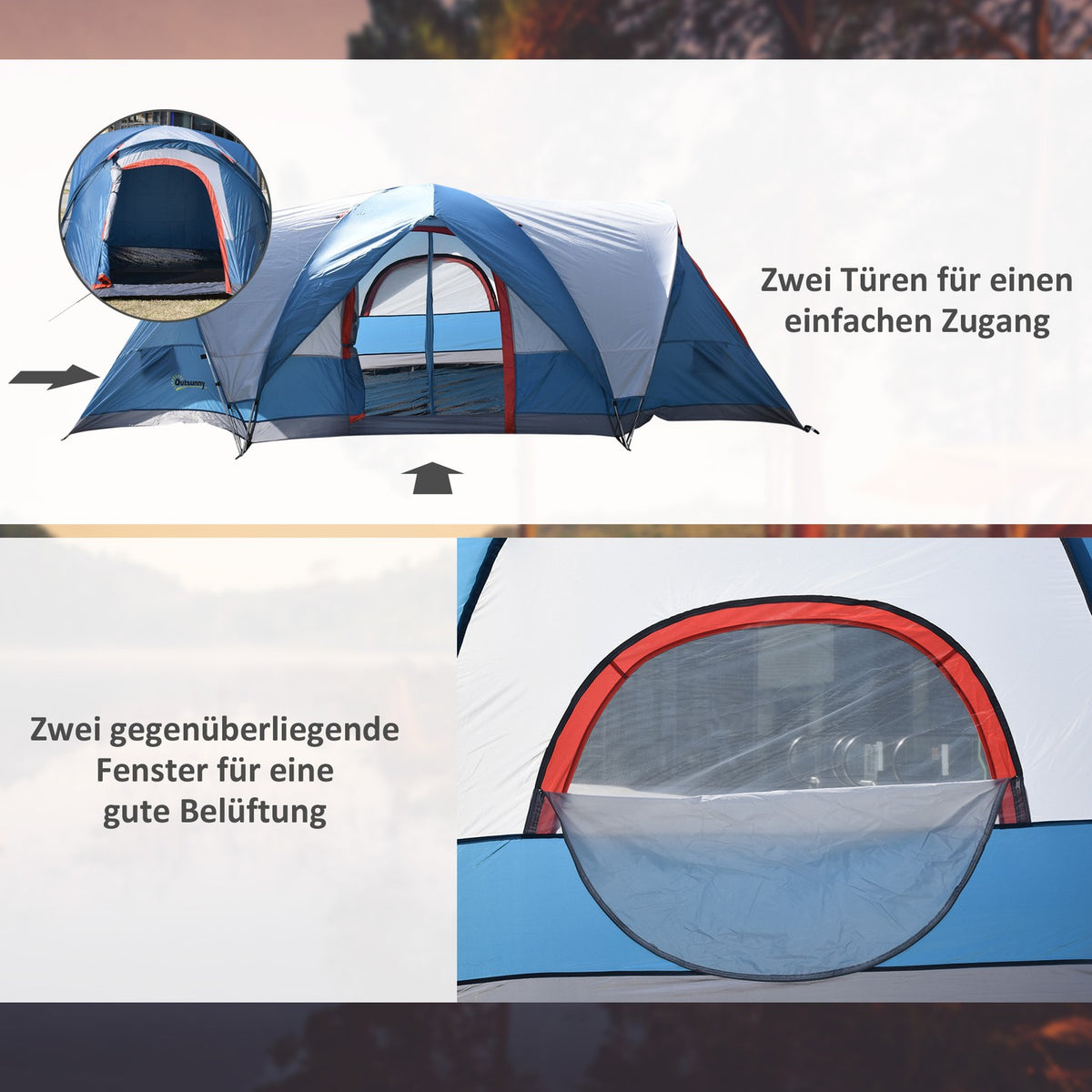 Camping Tent 4-Person Tunnel Tent, Uv Protection, Carry Bag, 2000 Mm Water Column, 2 Rooms, Blue + White