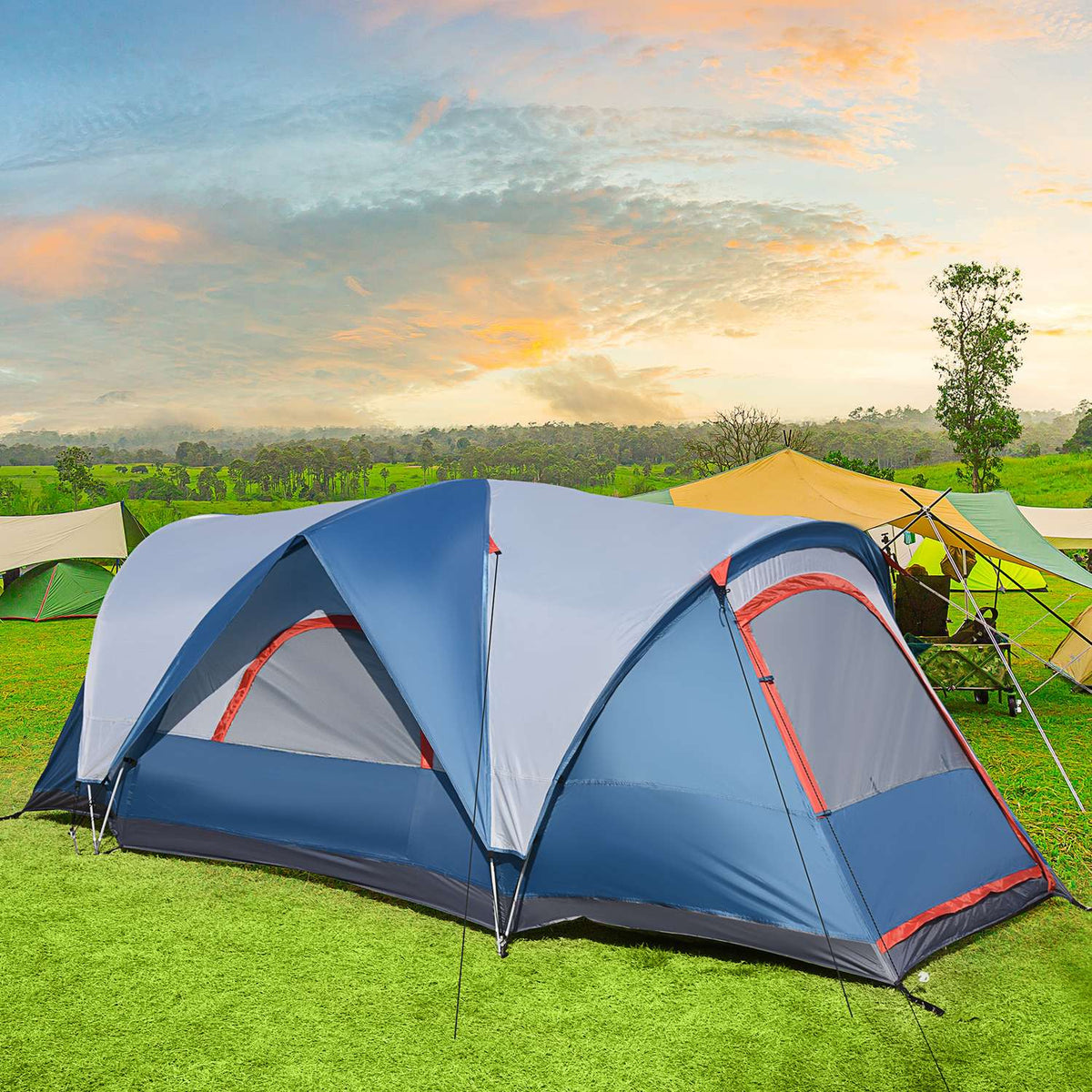 Camping Tent 4-Person Tunnel Tent, Uv Protection, Carry Bag, 2000 Mm Water Column, 2 Rooms, Blue + White
