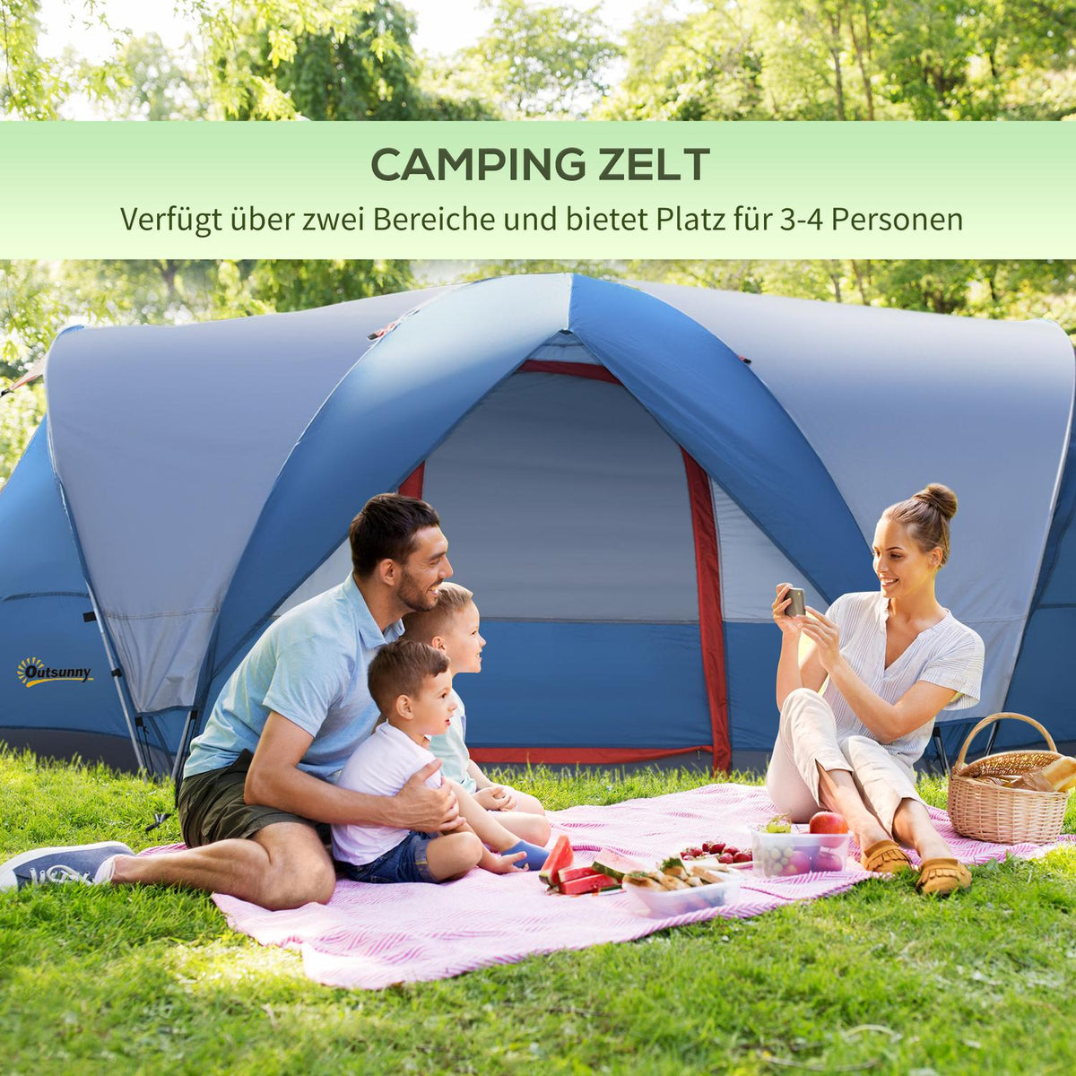 Camping Tent 4-Person Tunnel Tent, Uv Protection, Carry Bag, 2000 Mm Water Column, 2 Rooms, Blue + White