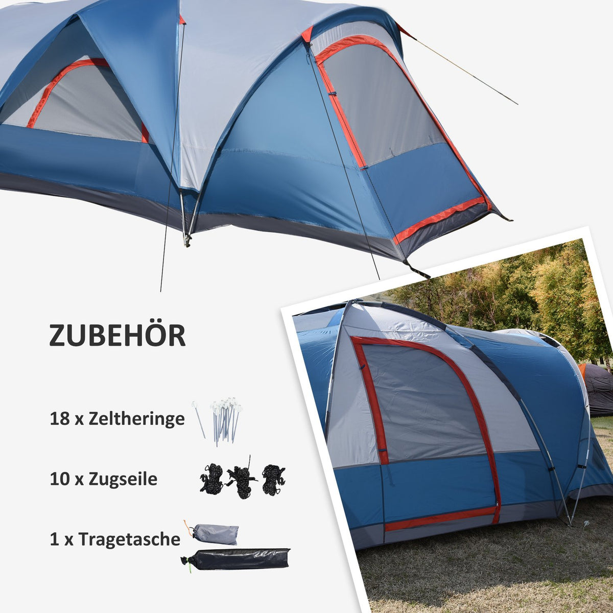 Camping Tent 4-Person Tunnel Tent, Uv Protection, Carry Bag, 2000 Mm Water Column, 2 Rooms, Blue + White