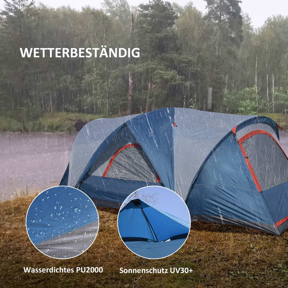 Camping Tent 4-Person Tunnel Tent, Uv Protection, Carry Bag, 2000 Mm Water Column, 2 Rooms, Blue + White
