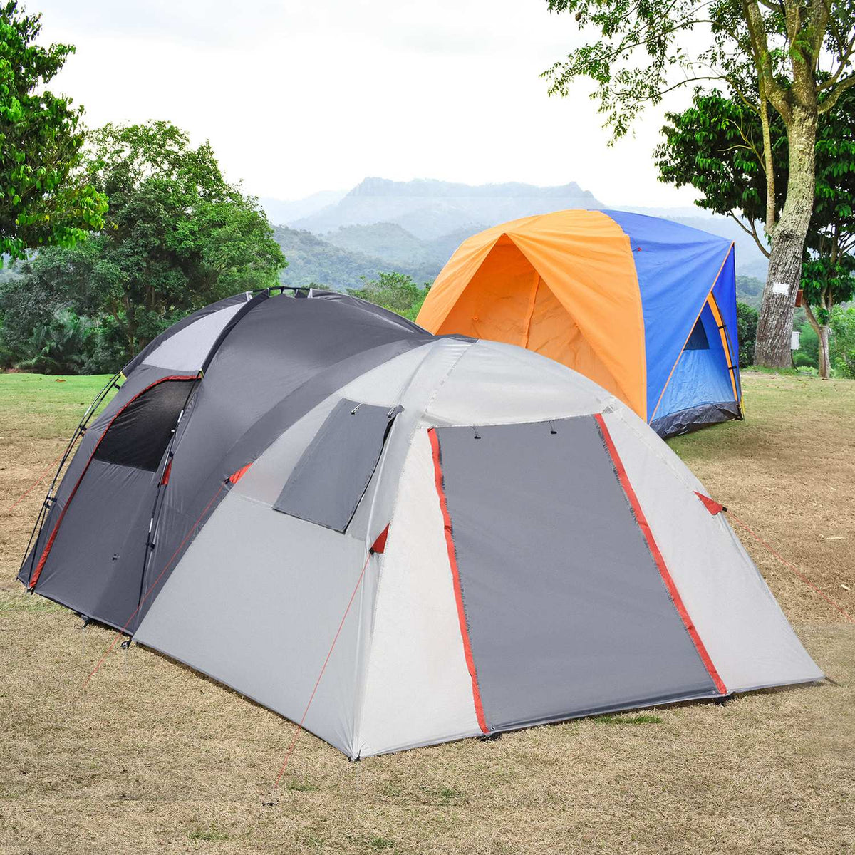Camping Tent 5-Person Tunnel Tent With Bedroom, Carrying Bag, 2000 Mm Water Column, Mesh Window, Gray