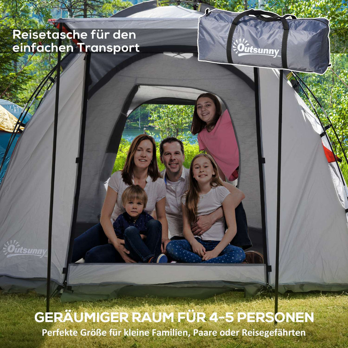 Camping Tent 5-Person Tunnel Tent With Bedroom, Carrying Bag, 2000 Mm Water Column, Mesh Window, Gray