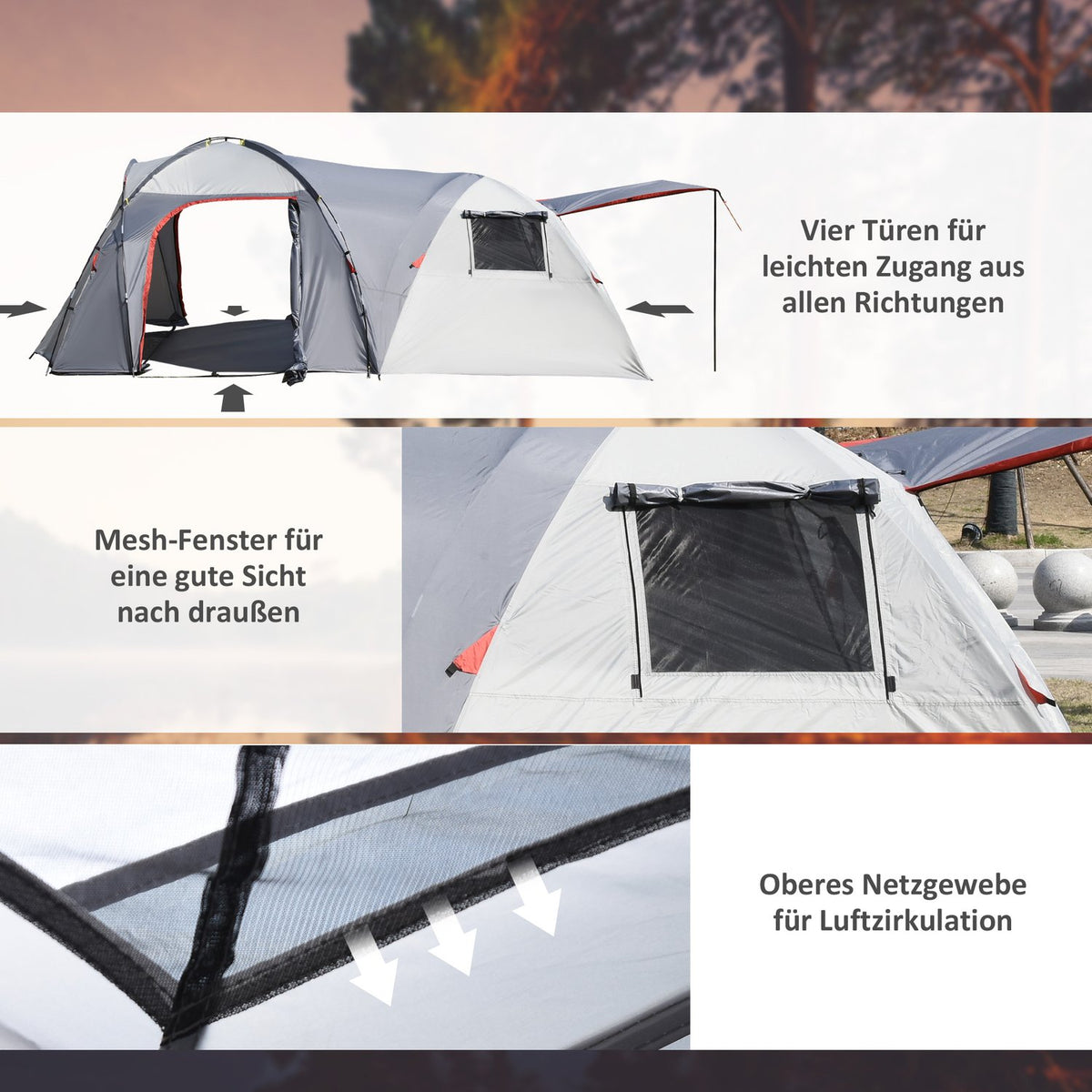 Camping Tent 5-Person Tunnel Tent With Bedroom, Carrying Bag, 2000 Mm Water Column, Mesh Window, Gray