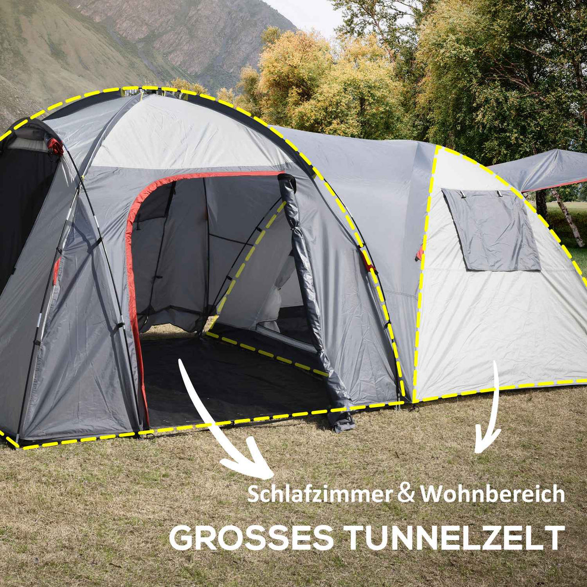 Camping Tent 5-Person Tunnel Tent With Bedroom, Carrying Bag, 2000 Mm Water Column, Mesh Window, Gray
