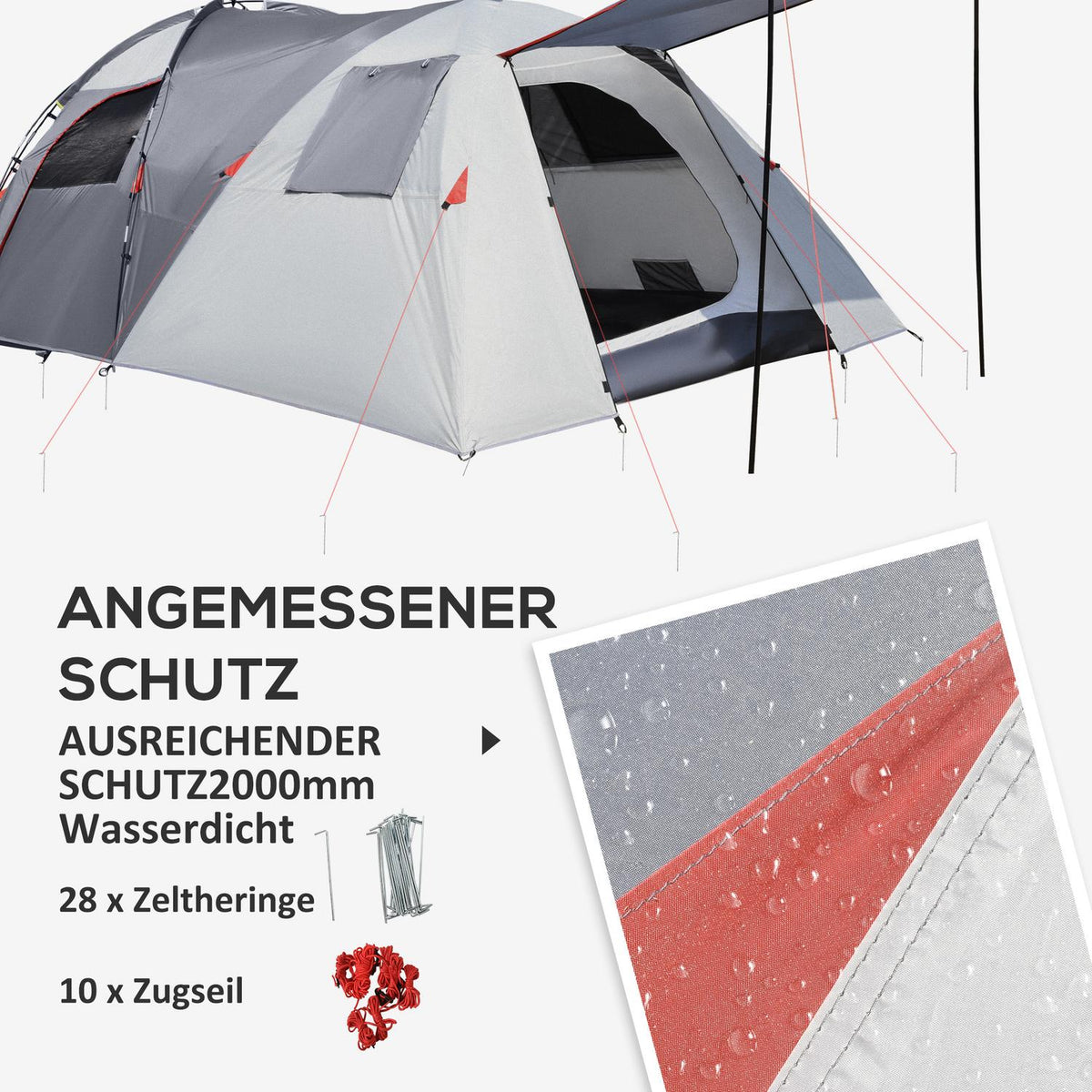 Camping Tent 5-Person Tunnel Tent With Bedroom, Carrying Bag, 2000 Mm Water Column, Mesh Window, Gray