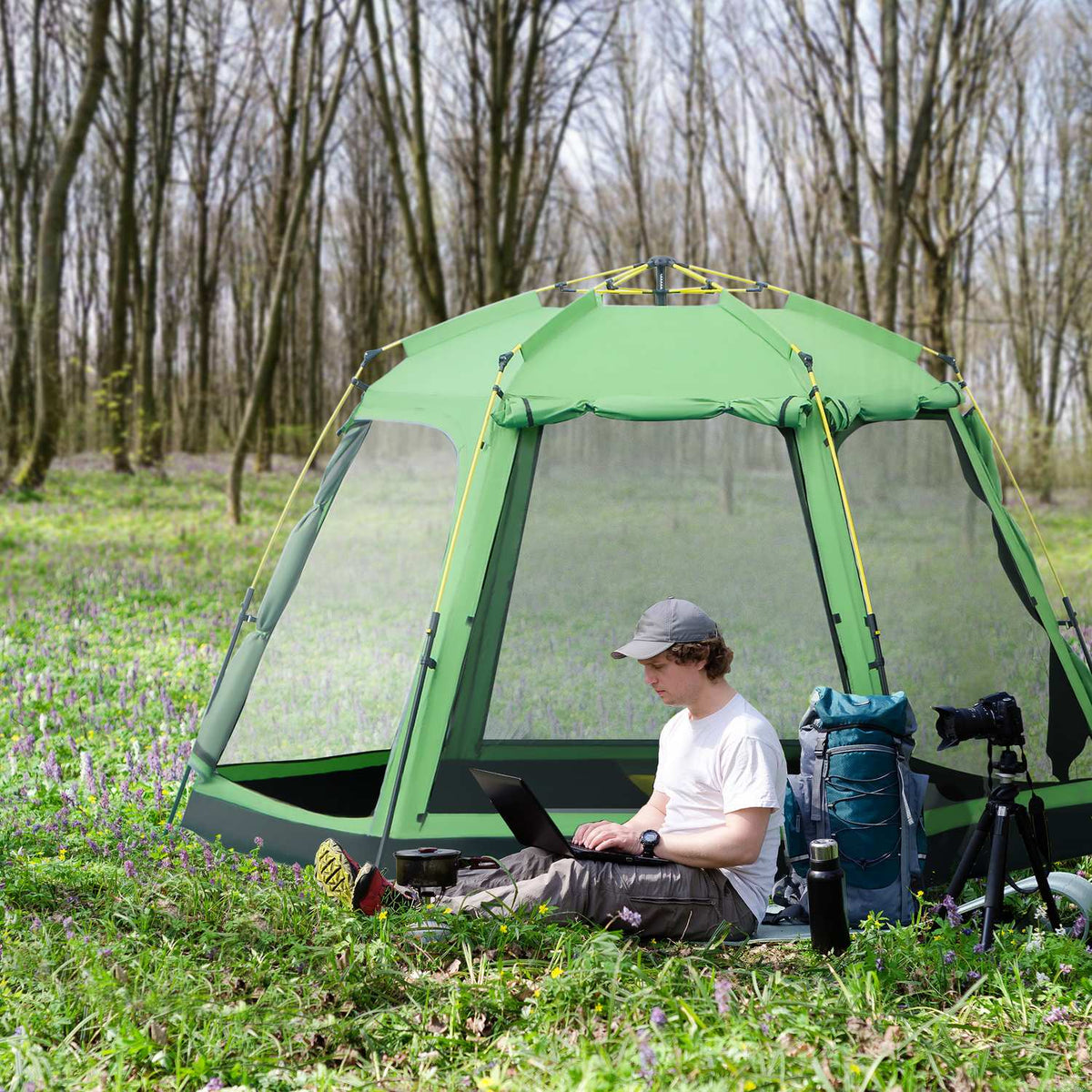 Camping Tent 6-Person Family Dome Tent, Pu2000Mm, Easy Assembly, Steel & Fiberglass, Green, 320X320X180Cm
