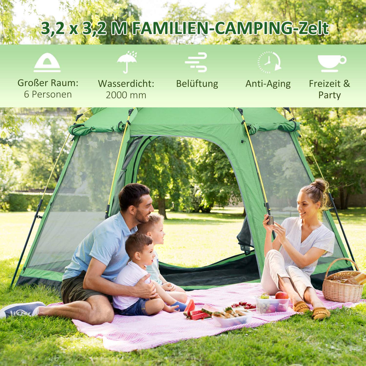 Camping Tent 6-Person Family Dome Tent, Pu2000Mm, Easy Assembly, Steel & Fiberglass, Green, 320X320X180Cm