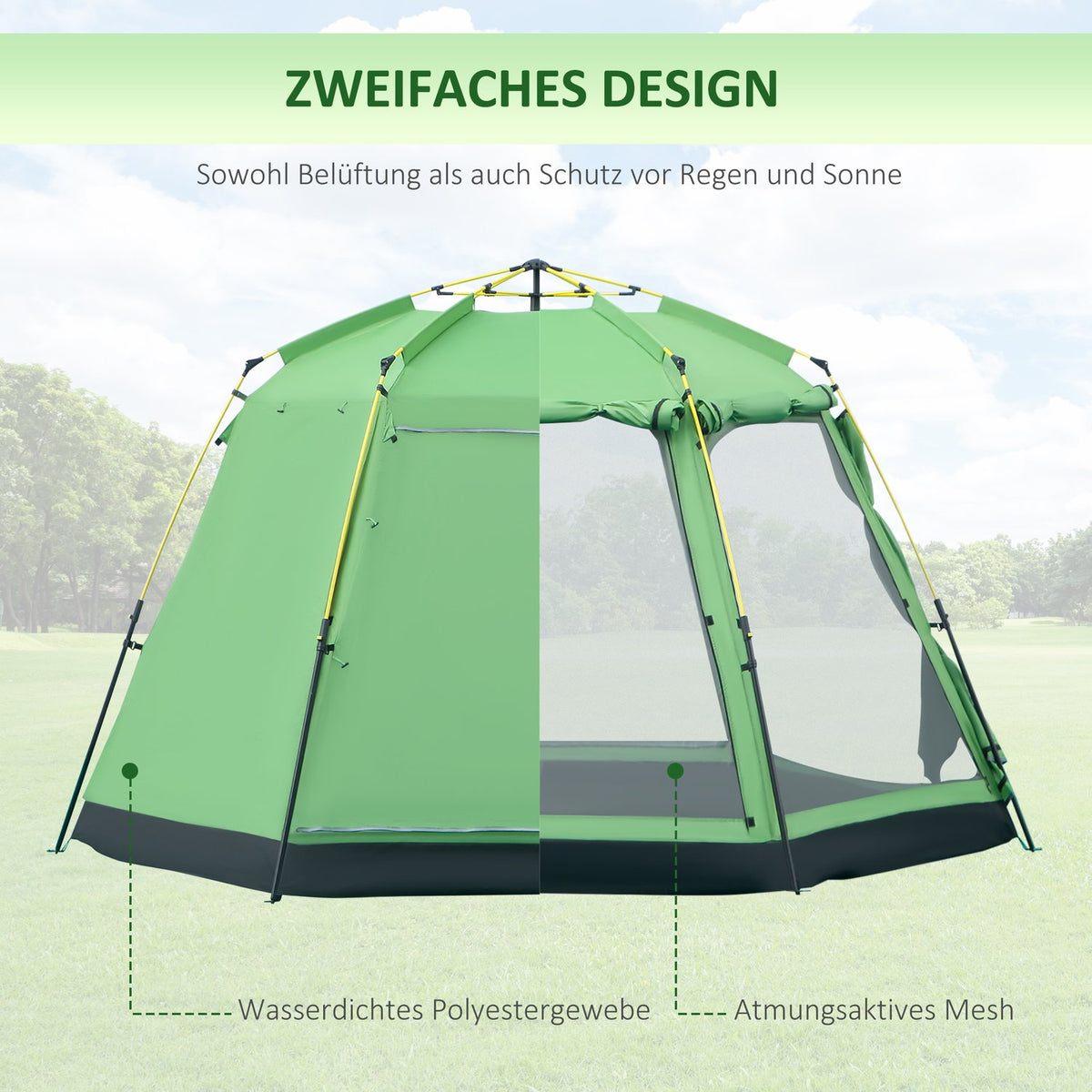 Camping Tent 6-Person Family Dome Tent, Pu2000Mm, Easy Assembly, Steel & Fiberglass, Green, 320X320X180Cm