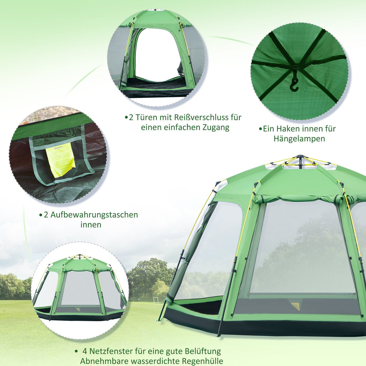 Camping Tent 6-Person Family Dome Tent, Pu2000Mm, Easy Assembly, Steel & Fiberglass, Green, 320X320X180Cm