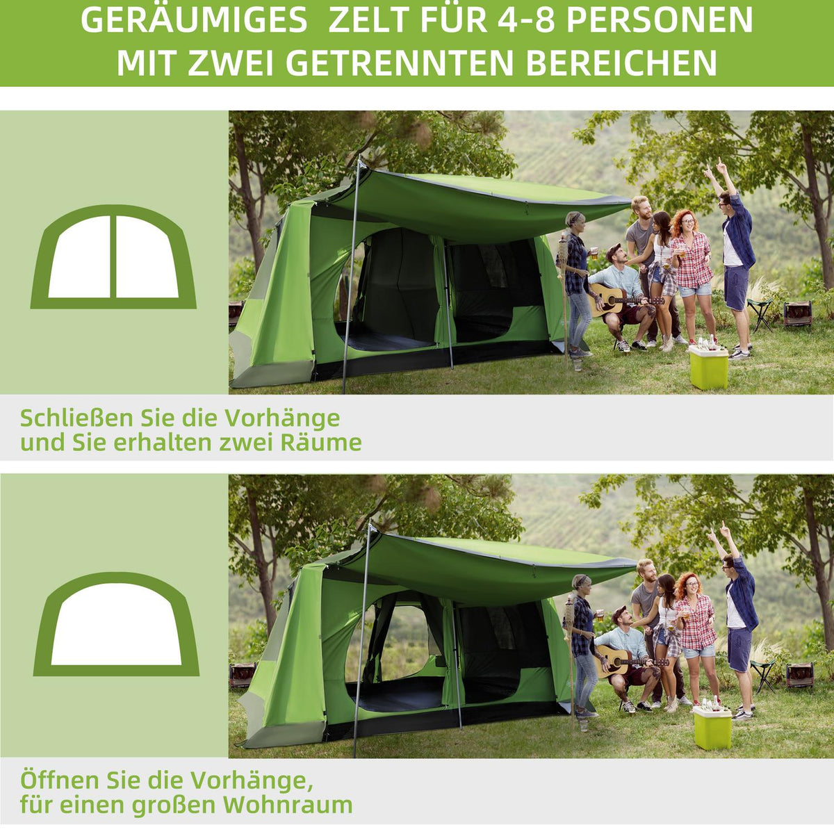 Camping Tent Dome Tent Family Tent 2 Sleeping Cabins 4-8 People L405 X W305 X H225Cm