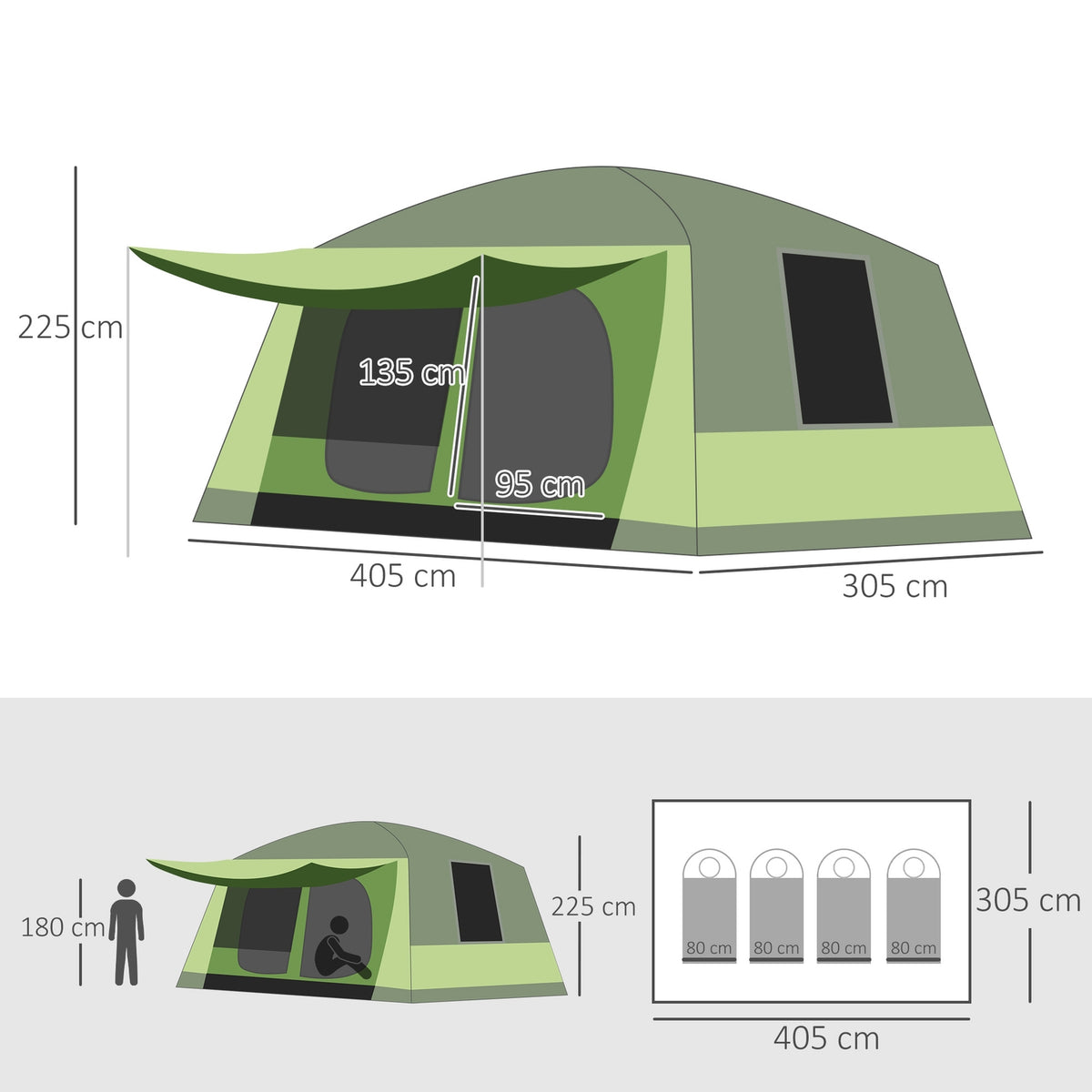 Camping Tent Dome Tent Family Tent 2 Sleeping Cabins 4-8 People L405 X W305 X H225Cm