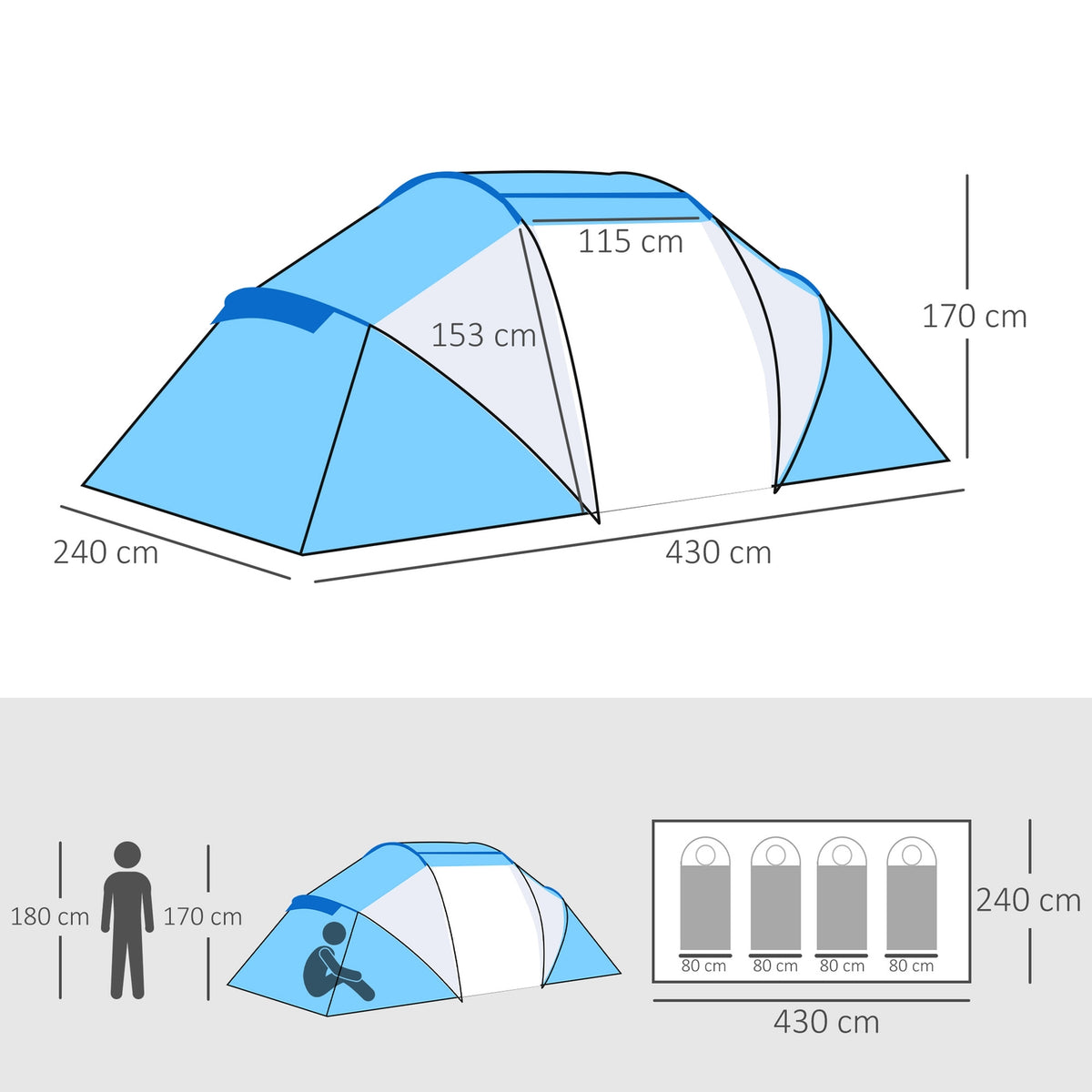 Camping Tent Family Tent Tunnel Tent With 2 Sleeping Cabins 4-6 People Blue L430 X W240 X H170Cm