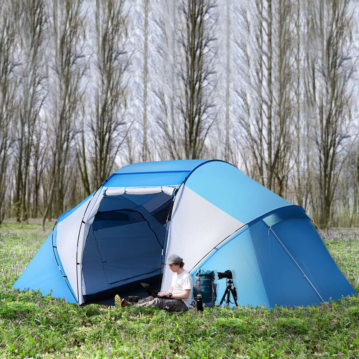 Camping Tent Family Tent Tunnel Tent With 2 Sleeping Cabins 4-6 People Blue L430 X W240 X H170Cm