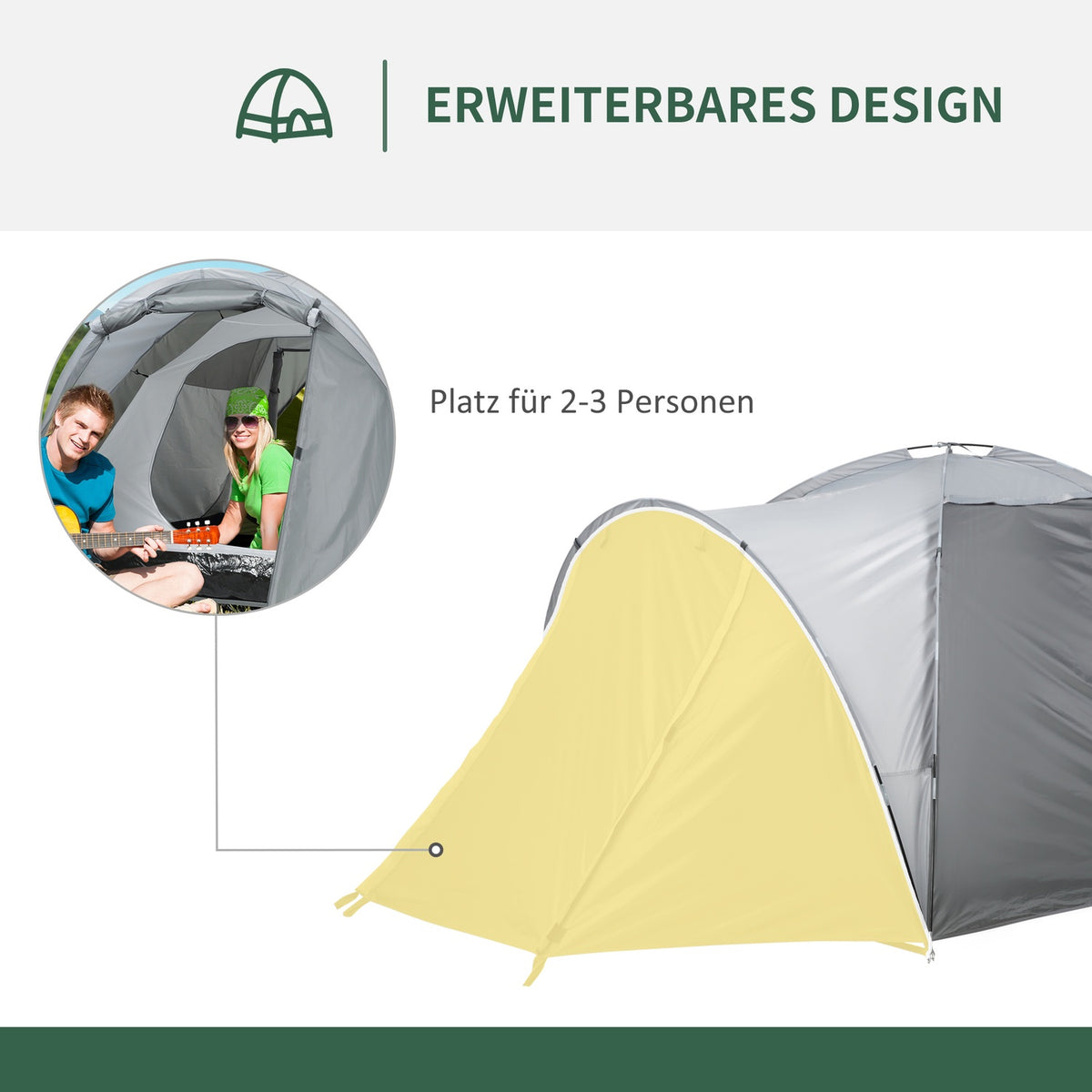 Camping Tent For 2-3 People Dome Tent With Door, Mesh Window, Transport Bag, Pu2000Mm, Grey