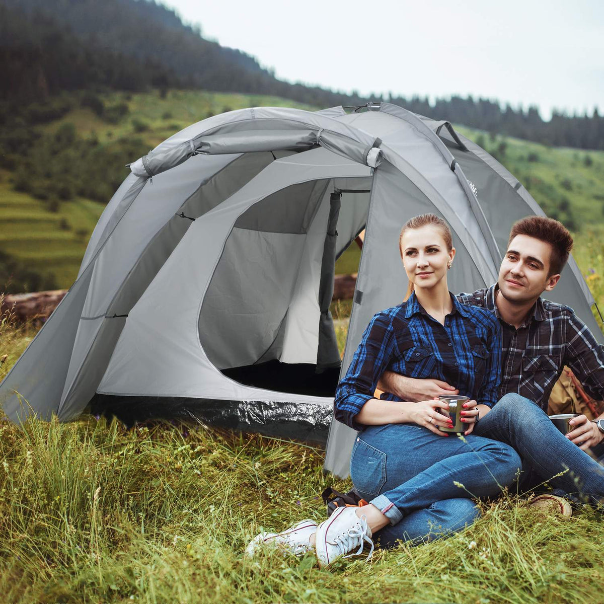 Camping Tent For 2-3 People Dome Tent With Door, Mesh Window, Transport Bag, Pu2000Mm, Grey