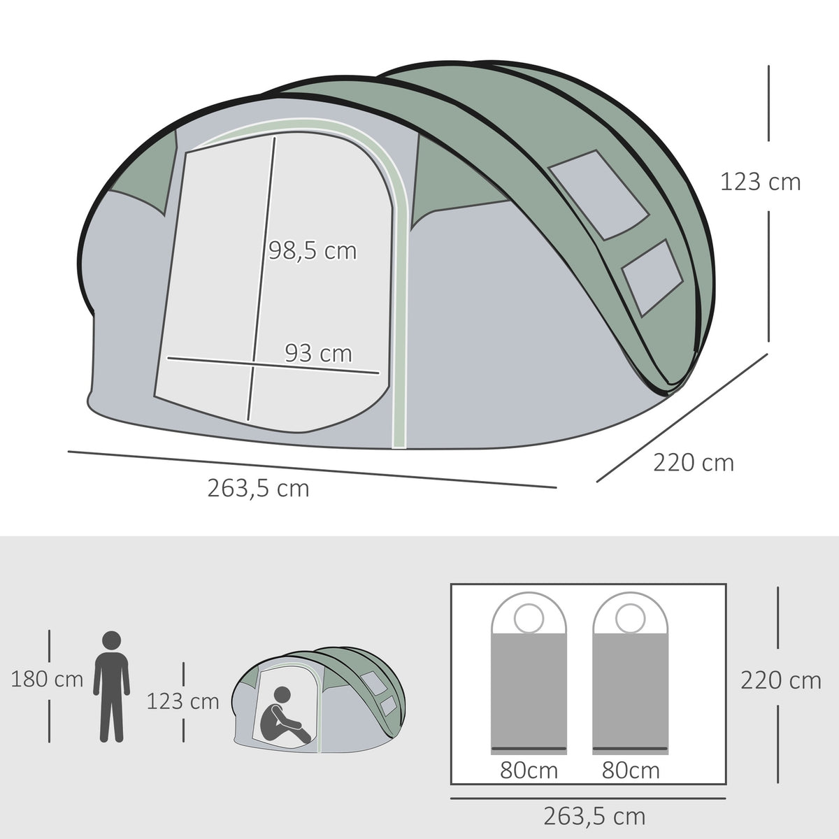 Camping Tent For 4-5 People Dome Tent With Pegs, Polyester & B3 Grid, Dark Green + Gray, 263.5X220X123Cm