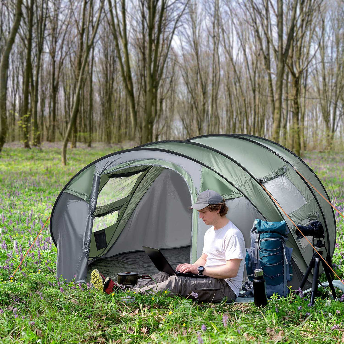 Camping Tent For 4-5 People Dome Tent With Pegs, Polyester & B3 Grid, Dark Green + Gray, 263.5X220X123Cm