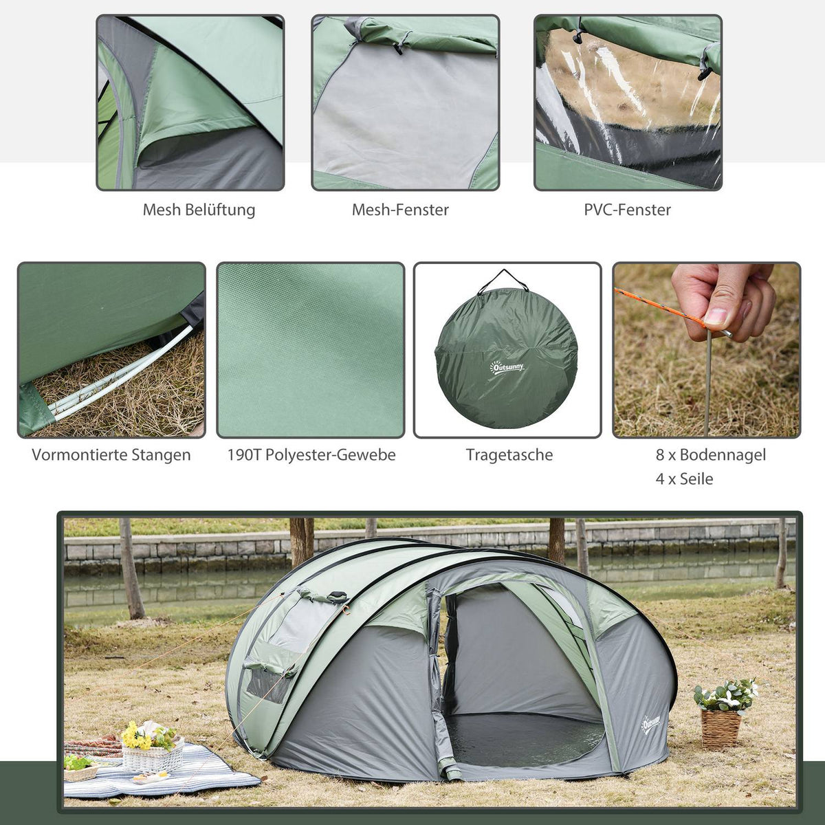 Camping Tent For 4-5 People Dome Tent With Pegs, Polyester & B3 Grid, Dark Green + Gray, 263.5X220X123Cm