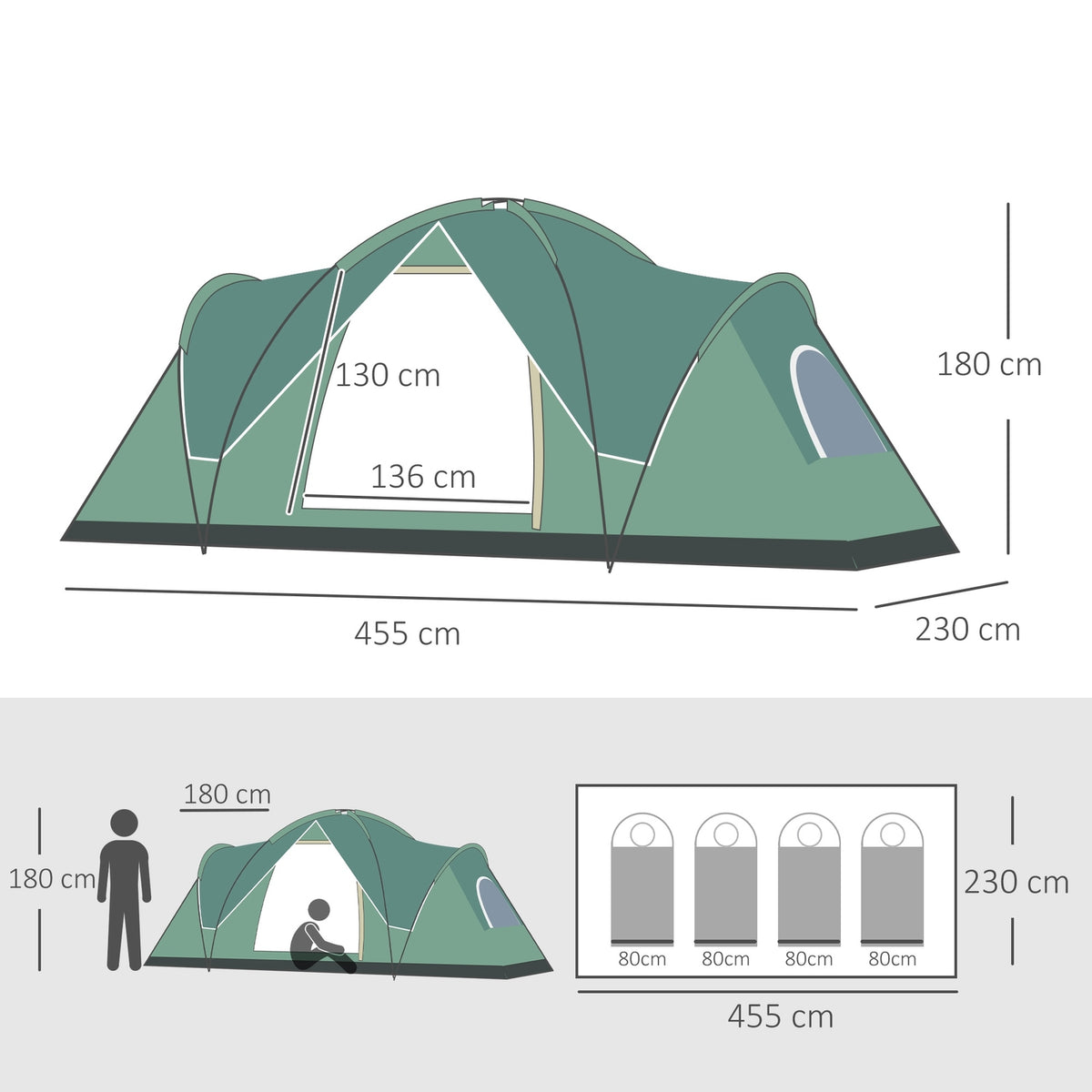 Camping Tent For 5-6 Persons Tunnel Tent With Pegs, Dome Tent, Polyester, Army Green + Black, 4.55X2.3X1.8M
