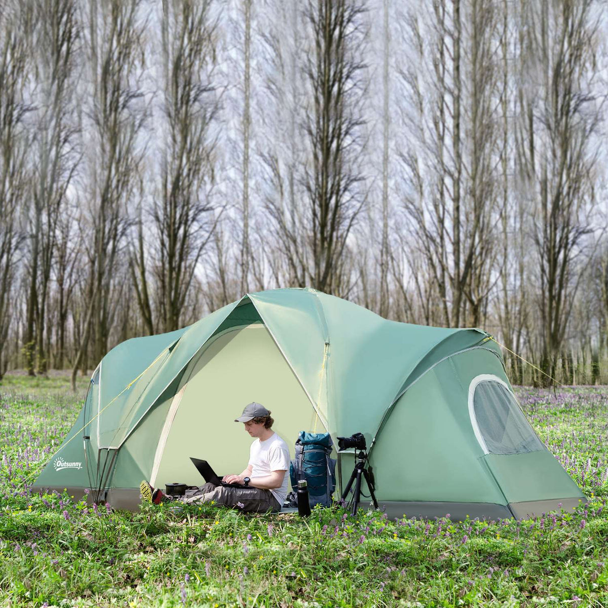 Camping Tent For 5-6 Persons Tunnel Tent With Pegs, Dome Tent, Polyester, Army Green + Black, 4.55X2.3X1.8M