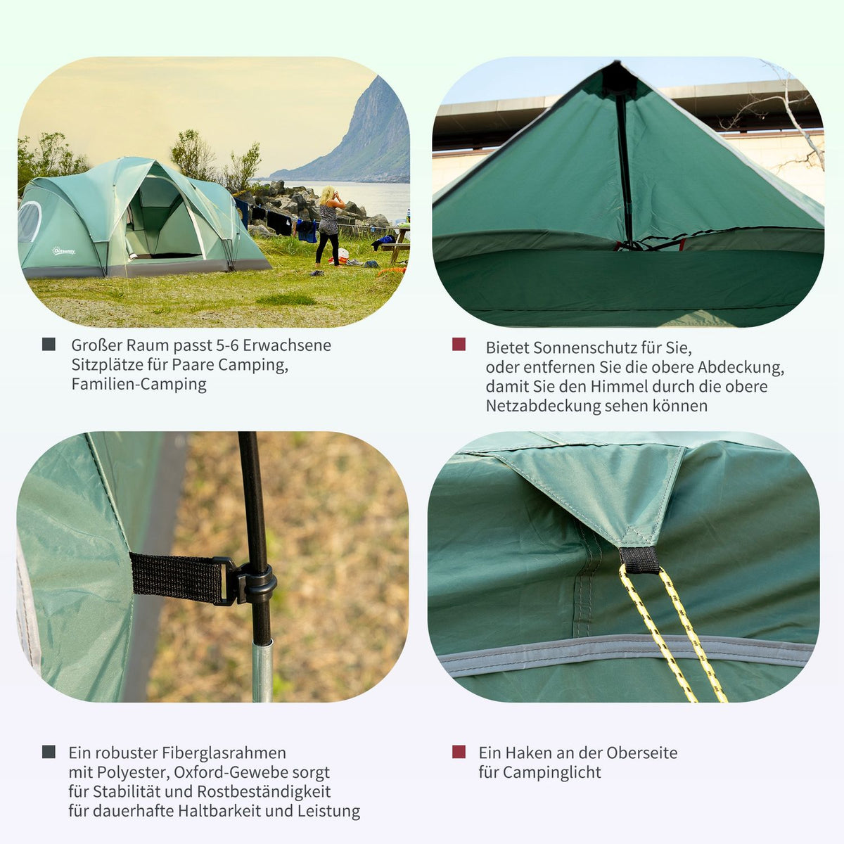 Camping Tent For 5-6 Persons Tunnel Tent With Pegs, Dome Tent, Polyester, Army Green + Black, 4.55X2.3X1.8M