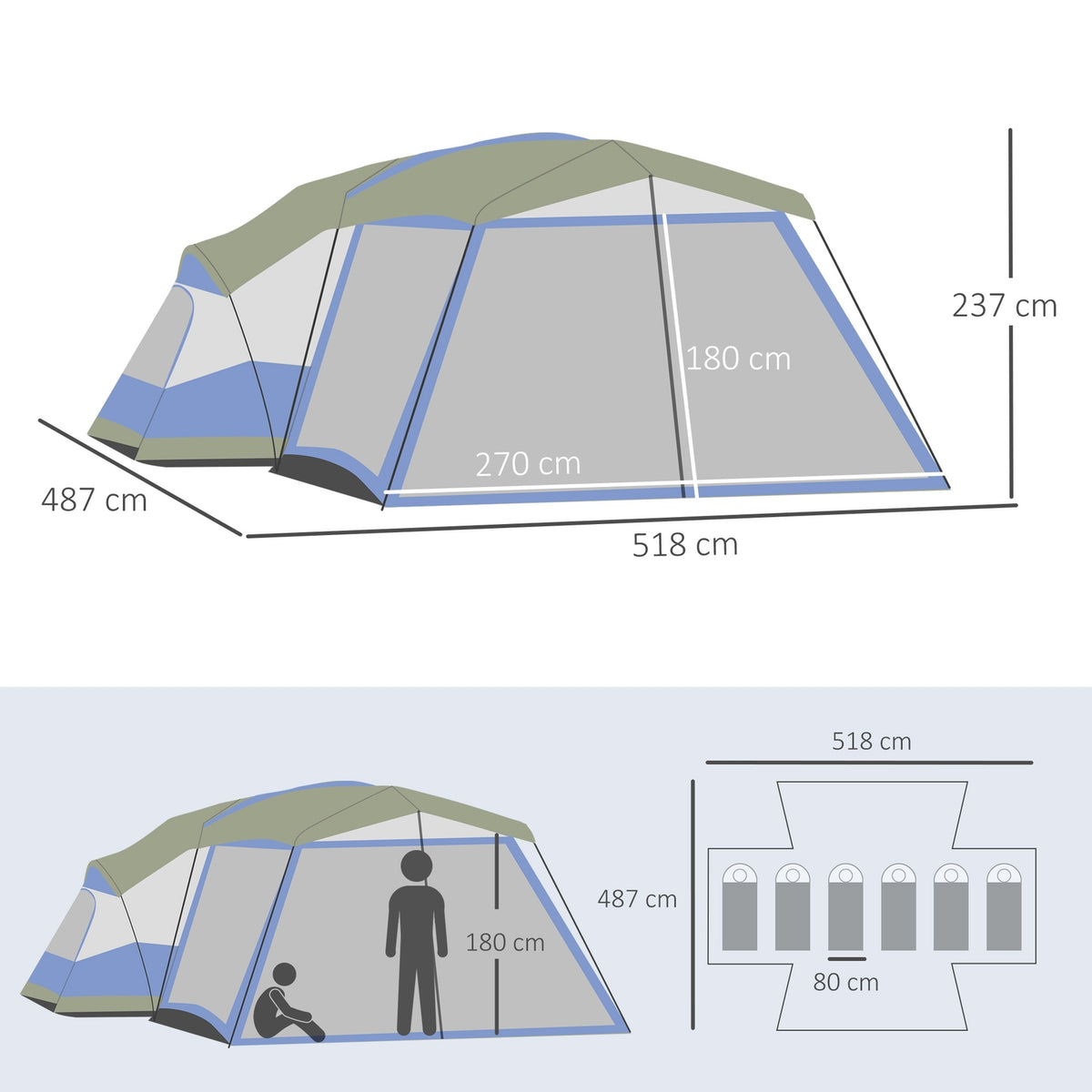 Camping Tent For 6-8 People Family Tent With Vestibule, 2 Windows, Dome Tent, Pu3000Mm, Blue, 518X487X237Cm