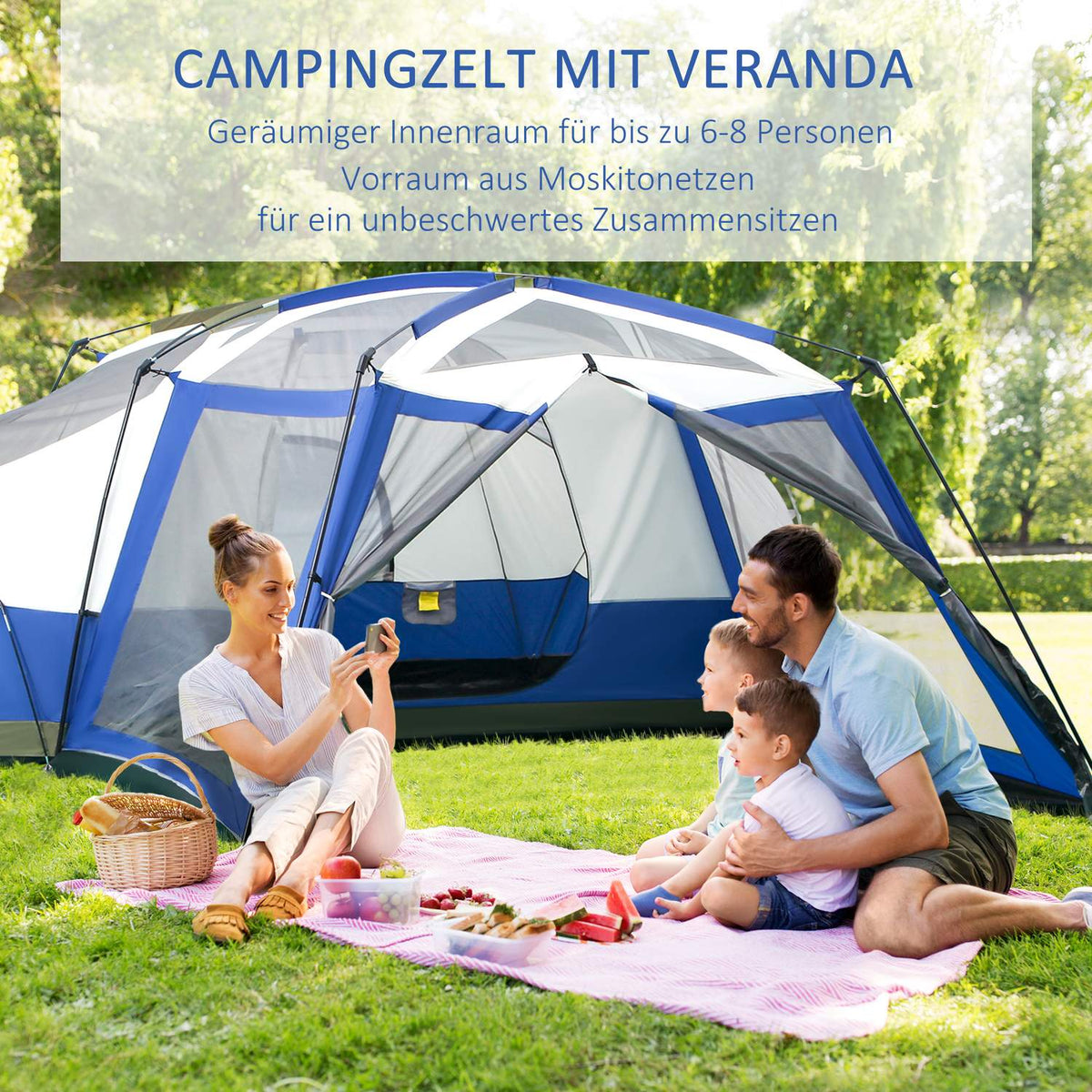 Camping Tent For 6-8 People Family Tent With Vestibule, 2 Windows, Dome Tent, Pu3000Mm, Blue, 518X487X237Cm
