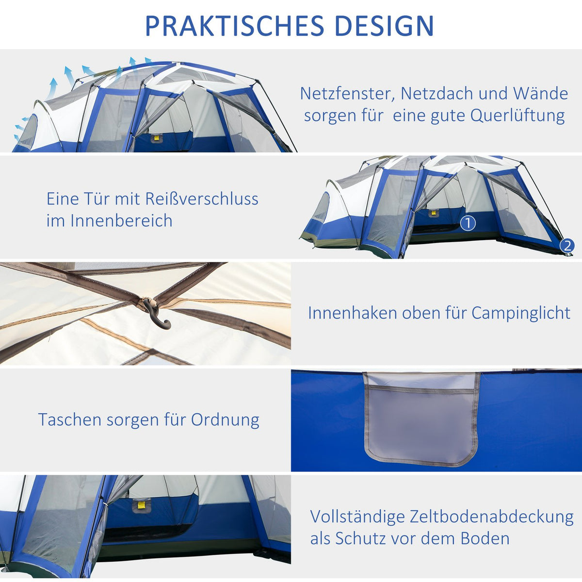 Camping Tent For 6-8 People Family Tent With Vestibule, 2 Windows, Dome Tent, Pu3000Mm, Blue, 518X487X237Cm