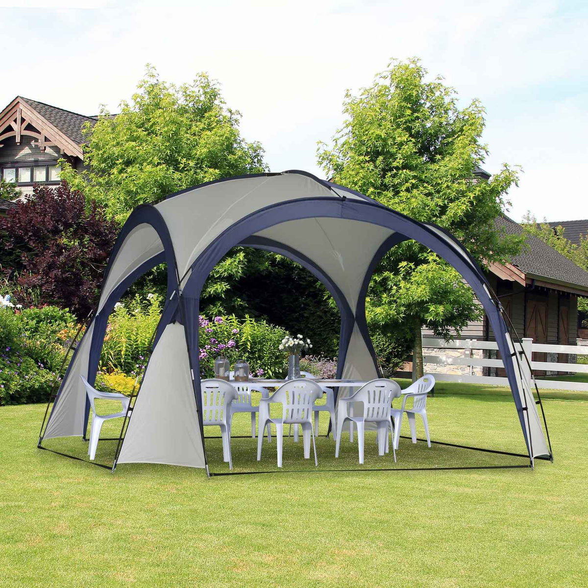 Camping Tent Garden Tent Marquee Party Tent Sun Protection Weatherproof Fiberglass Pole + Polyester Cream White + Blue 3.5 X 3.5 X 2.3 M