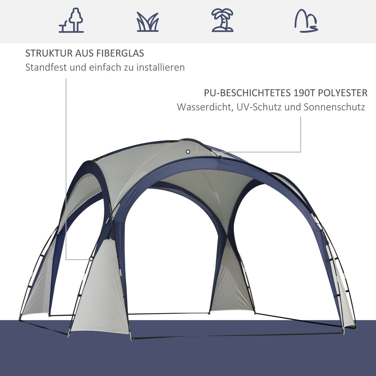 Camping Tent Garden Tent Marquee Party Tent Sun Protection Weatherproof Fiberglass Pole + Polyester Cream White + Blue 3.5 X 3.5 X 2.3 M