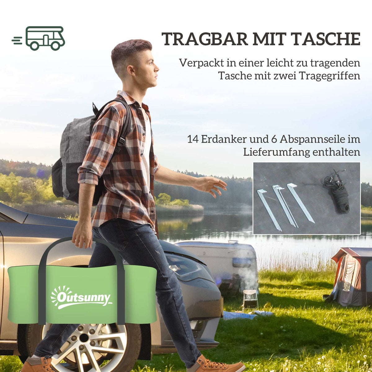 Camping Tent for 4, Waterproof, 2-Room, Dark Green