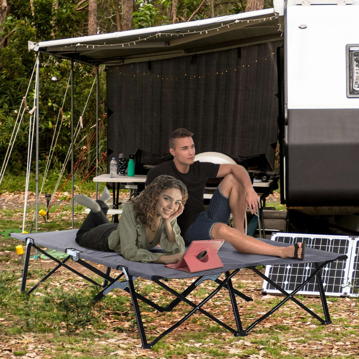 Camping bed, foldable for 2 people, camp bed, folding bed with carrying bag, can hold up to 136 kg, steel Oxford gray 193 x 125 x 40 cm
