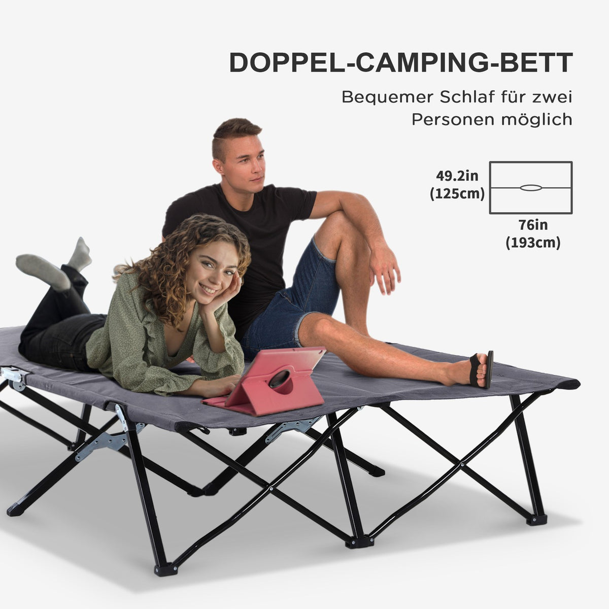 Camping bed, foldable for 2 people, camp bed, folding bed with carrying bag, can hold up to 136 kg, steel Oxford gray 193 x 125 x 40 cm