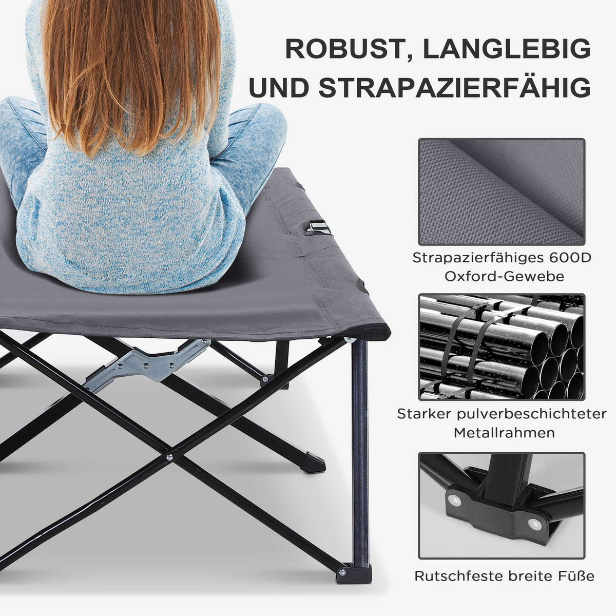 Camping bed, foldable for 2 people, camp bed, folding bed with carrying bag, can hold up to 136 kg, steel Oxford gray 193 x 125 x 40 cm