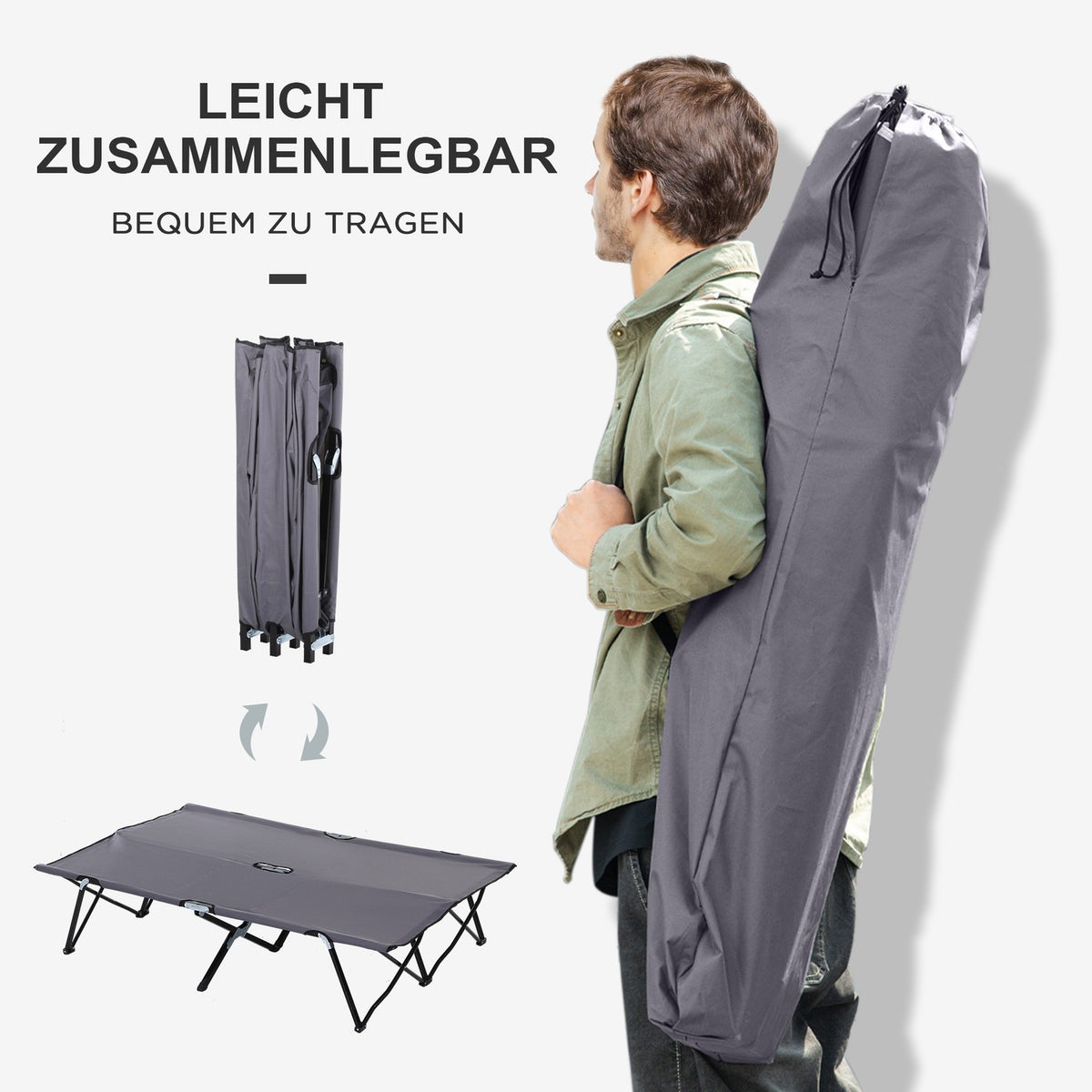 Camping bed, foldable for 2 people, camp bed, folding bed with carrying bag, can hold up to 136 kg, steel Oxford gray 193 x 125 x 40 cm